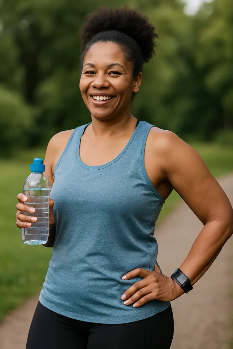 Smiling woman in a park holding a water bottle after exercise, symbolizing healthy lifestyle and hydration.