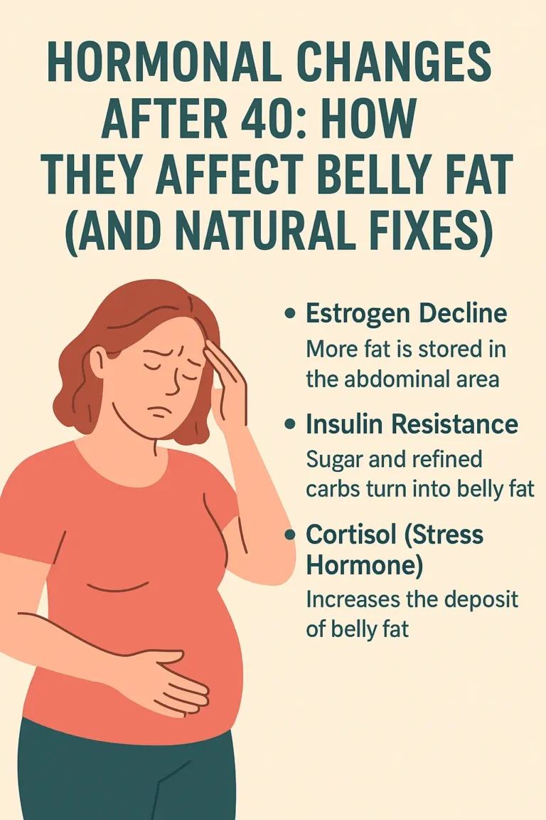 “Illustration showing a woman over 40 experiencing hormonal changes that contribute to belly fat, with icons representing natural remedies like exercise, healthy diet, and stress reduction.”
