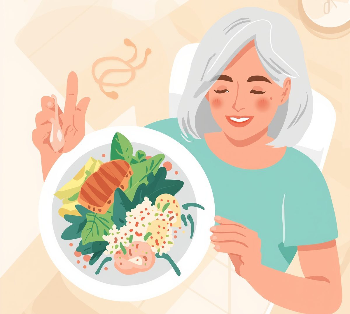 Nourish your body with hormone-friendly recipes — a colorful, balanced plate of grilled salmon, quinoa, avocado, and steamed greens designed to support women over 40 in achieving flat belly and hormone balance goals.