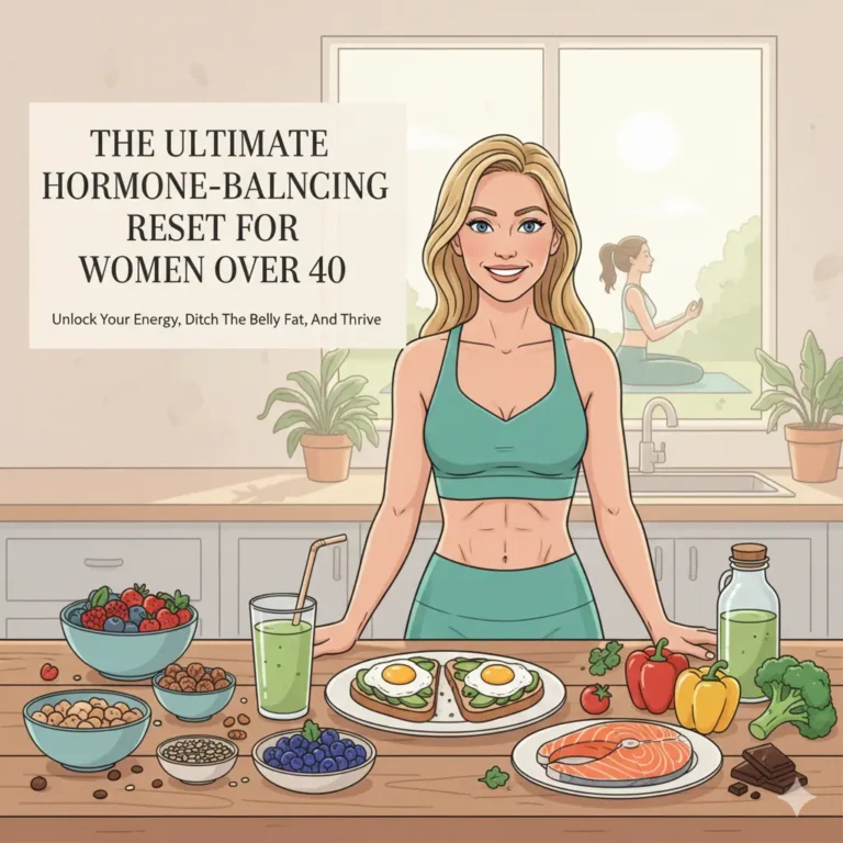 Illustration showing a healthy woman in her 40s learning how to lose hormonal belly fat through a balanced diet and wellness lifestyle.