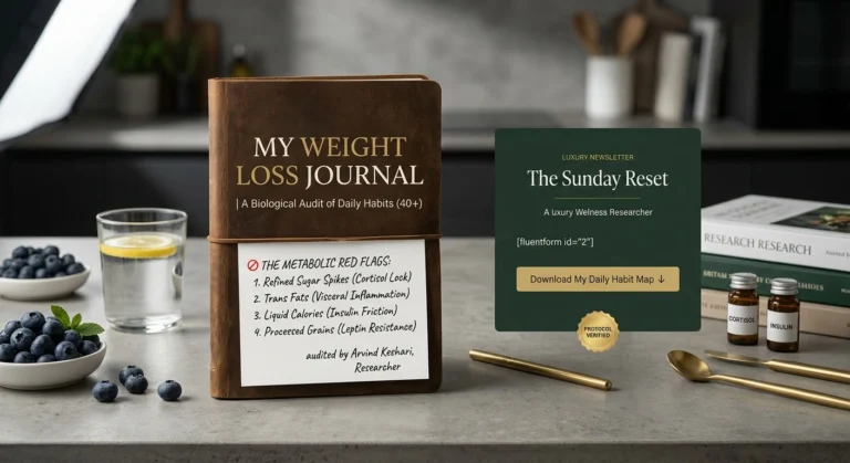 Clinical audit of worst foods causing belly fat after 40 by Wellness Researcher Arvind Keshari showing metabolic red flags and weight loss journal.